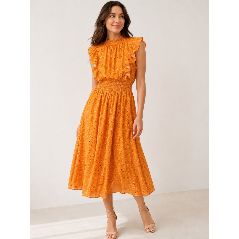 Alexia Admor Joanna Floral Ruffle Midi Dress Orange Romantic Cottagecore 6